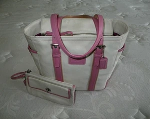 Bolso de Mano Coach Pequeño Marfil Rosa Lona Cuero Recorte Galería Cartera Juego de Pulsera - Imagen 1 de 1