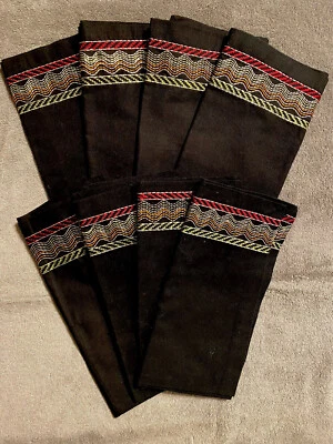 Set of Eight (8) Crate & Barrel Uma Black Napkins with Multicolor Trim - Image 1 of 4