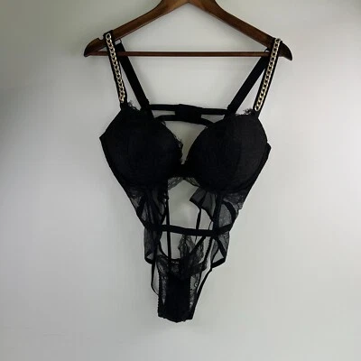 Body de encaje de peluche acolchado con correas de cadena de una pieza Victorias Secret negro XXL NUEVO CON ETIQUETAS Foto 1 de 4