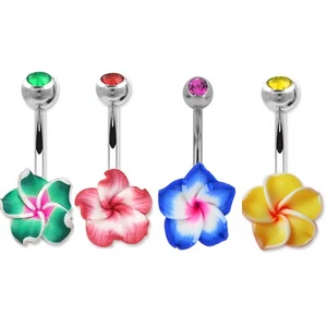 4- 14 Gauge 3/8 Inch Steel Barbell Navel Ring Boho Hawaiian Plumeria Flower B616 - Picture 1 of 5