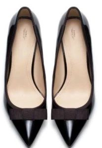 ZARA BLACK FAUX LEATHER SHOES MID HEEL POINTED COURT SHOES BOW UK 9 EUR 42 - Picture 1 of 10
