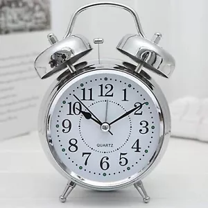 Metal Retro Twin Bell Alarm Clock with Night Light and Loud Alarm Silver - Picture 1 of 6
