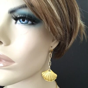 Seashell Gold Tone Fashion Drop Earrings- Lever Back Closure-Handcrafted-Unique - Picture 1 of 3