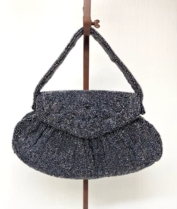 Vintage Black Beaded Evening Bag with Ruffled Detail Women's Handbag France - Picture 1 of 10