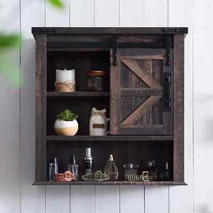 Rustic Wood Wall Shelf Storage Medicine Cabinet Sliding Barn Door Cupboard - Picture 1 of 6