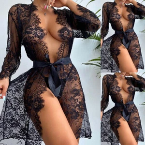 Women Sexy Lace Mesh Sheer Lingerie Sleepwear Dress Babydoll Kimono Robe Gown AU - Picture 1 of 11