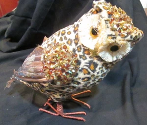 Standing 9" Tall X 12" Long X 4 3/4"W Handmade Jeweled Owl W Fabric & Feathers - Picture 1 of 4