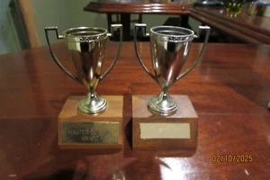 2 small vintage ornate metal trophy cup topper w/ wood base award - Picture 1 of 8