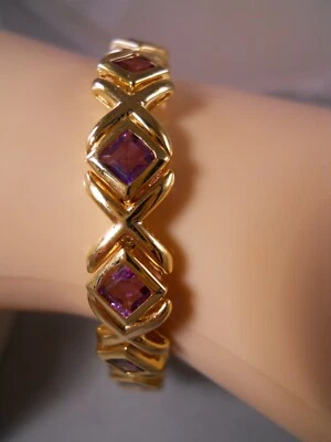 HEAVY 10K YELLOW GOLD PRINCESS AMETHYST XO HUGS KISSES TENNIS BRACELET 7" 12.72G - Image 1 of 4