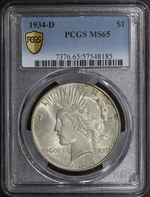 1934-D (MS65) Peace Silver Dollar $1 PCGS - Lovely Original Gem - Image 1 of 3