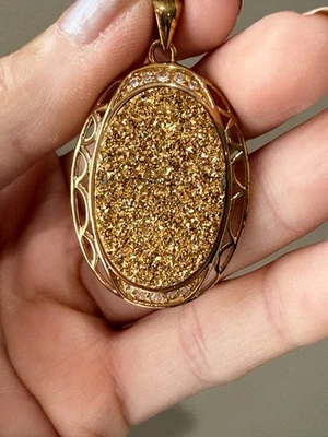 Genuine Golden Oval Drusy & White Topaz Stainless Steel Pendant - See Notes - Image 1 of 4