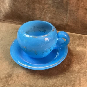 Victorian blue French opaline art glass hand blown cup and saucer gilt Trim - Picture 1 of 9
