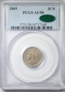 1869 Three Cent Nickel Piece 3CN PCGS AU58 CAC - Picture 1 of 5