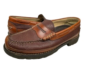 LL BEAN Allagash Bison Leather Loafer Brown Moc Boat Shoes MENS 9.5EE WIDE - Picture 1 of 8