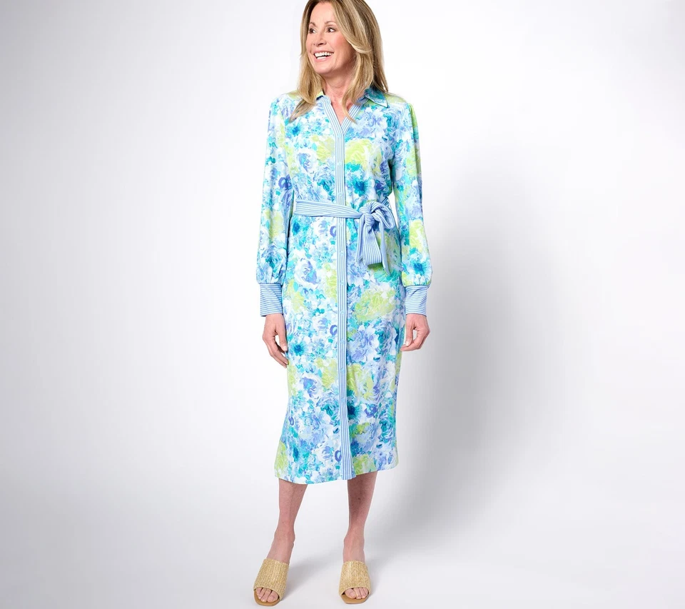 Isaac Mizrahi Live! Vestido Camisa Midi Regular Pebblette Manga Larga Azul Rosas L  Foto 1 de 1