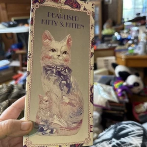 VTG 70s Porcelain Lusterware Cat Kitten Figurine Blue White Pearl Opalescent - Picture 1 of 14