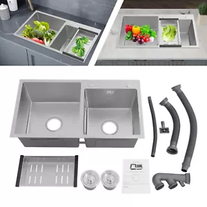 Stainless Steel Kitchen Sink Double Bowl Kitchen Sink with Drain Basket - Picture 1 of 24