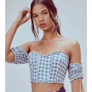 For Love And Lemons Dixie Ruffle Blue & White GIMHAM off the shoulder crop top S - Picture 1 of 6
