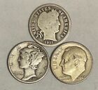 Set of 3 Silver Dimes Barber Mercury Roosevelt 90% Silver Stacker Sale Free Ship