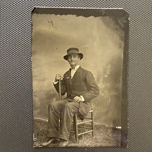 ATQ Circa 1840 1865 Tintype Dressed Up Man With Hat And Cane civil War Era - Picture 1 of 1