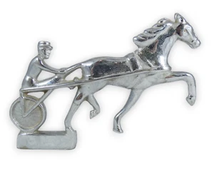 Antique Vintage Chrome Plated Metal Horse & Cart Jockey Large 18cm Hood Ornament - Picture 1 of 6