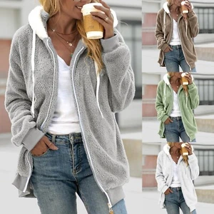 Womens Full Zip Up Sherpa Hoodie Fuzzy Fleece Jacket Oversized Fluffy Coat - Picture 1 of 16