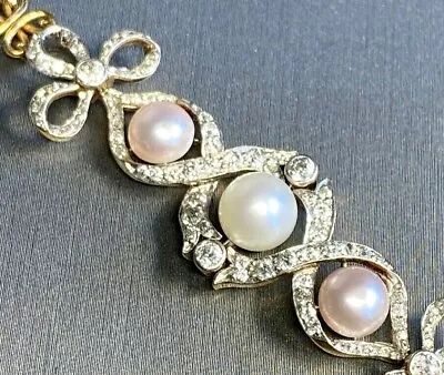 Vintage Edwardian Diamond Pearl Bracelet Estate Fine Jewelry Pre-Owned 6.75 - Image 1 of 4