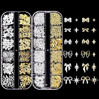 Gold Silber Stern Schleifen Nail Charms, 2 Boxen Metall Nagelkunst Dekorations,