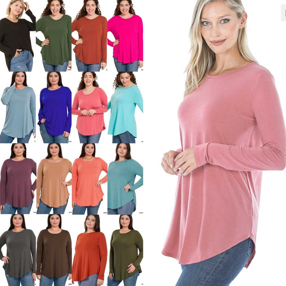 1X 2X 3X Round Neck Long Sleeve Shirt Round Hem Relaxed Fit RayonTop Tunic - Image 1 of 1