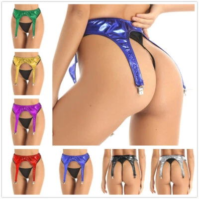 Damen Glänzend Strumpfhaltergürtel Strumpfband Mit Metall Clips Unterwäsche Sexy - Bild 1 von 2