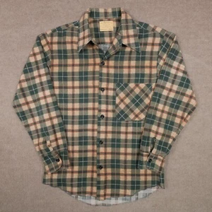 Vintage Sears Flannel Men's Small Plaid 50/50 Blend 60's Perma Prest Green Beige - Picture 1 of 18