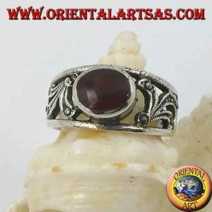 Anello in Argento 925‰ corniola ovale e decorazione floreale con marcasite - Foto 1 di 2