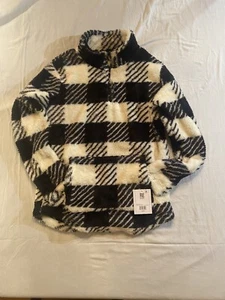 Real Essentials Ladies Minky Aop 1/4 Zip Jacket Curved Hem Small Black Plaid - Picture 1 of 8