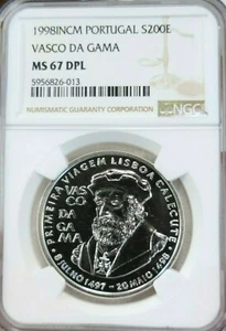 1998 PORTUGAL SILVER 200 ESCUDOS VASCO DA GAMA NGC MS 67 DPL BEAUTIFUL TOP POP - Picture 1 of 4