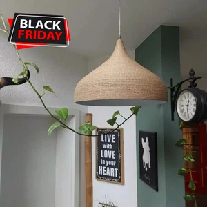 Rattan Pendelleuchte Schirm Deckenleuchte Handarbeit beige Küchenlampe Wohnzimmer - Bild 1 von 32