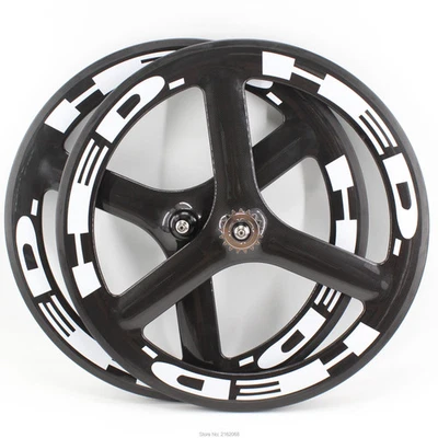 700C Road Track Fixed Gear Bicycle Tubular Rims Carbon 3 Spokes Bike Wheelset - Image 1 of 4