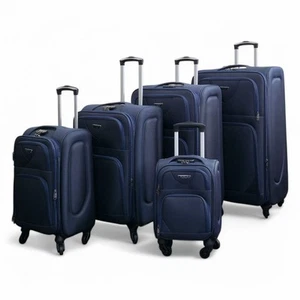 Soft Shell Lightweight Navy Blue Nylon Suitcase Set 4 Wheel Travel Case Bags - Picture 1 of 38