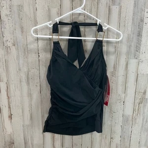 Spanx Shapewear Tankini Swim Top Draped Halter Gold Accent Black Sz 10 NWT - Picture 1 of 4