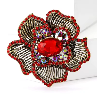 Broche prendedor flor estrás rojo brillante vintage tono dorado naturaleza joyería regalo Foto 1 de 4