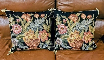 Set 2 Victorian Floral Bouquet Black Background Needlepoint Pillows 16" x 16" - Image 1 of 4
