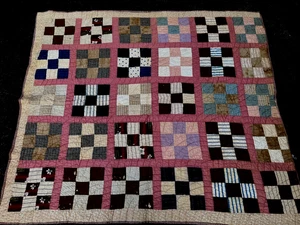 1930s Nine Patch Quilt Concentric Arcs Hand Pieced & Quilted Cotton 72” X 63” - Picture 1 of 23