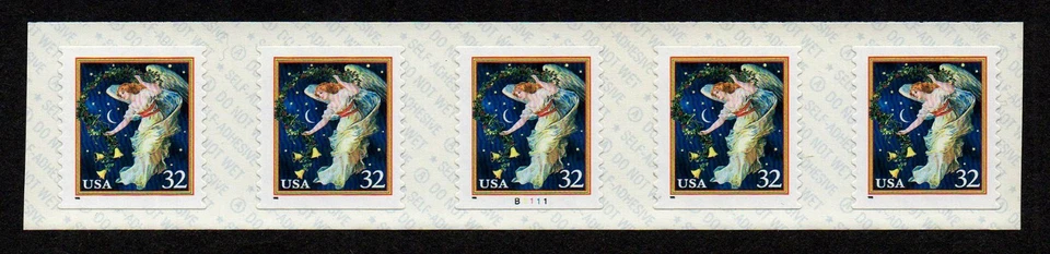 USA, SCOTT # 3018, MNH COIL STRIP OF 5 STAMPS PNC # B1111, MIDNIGHT ANGEL 1995 - Image 1 of 1