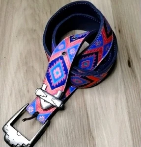 Western Cowgirl Belt Rodeo Pink &Blue Aztec Design W/ Brass Buckle 36" - Picture 1 of 6