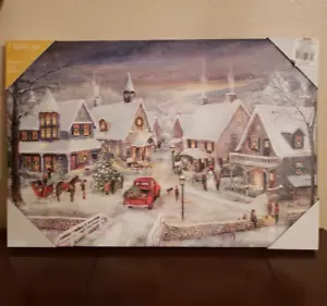 Christmas Lighted Canvas Print-Village Winter Scene w/ Red Truck Wall Art - Picture 1 of 13