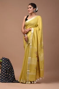 "Elegant Cotton Linen Saree with Intricate Embroidery Work - Picture 1 of 4