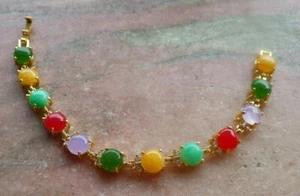 Yellow Gold Plate Red Green Jade Cabochon Bead Diamond Imitation Bangle Bracelet - Picture 1 of 5