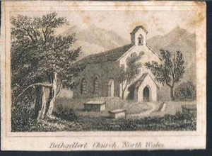 TINY EX SCRAPBOOK LITHO/PRINT BETHGELLERT CHURCH NORTH WALES C1820 - Imagen 1 de 2