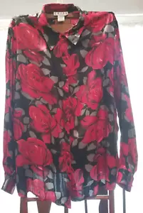Erena 18W Women's 100% Silk Blouse Red Roses - Picture 1 of 7