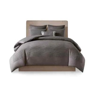 N Natori Hanae Cotton Blend Yarn Dyed 3 Piece Comforter Set - Full/Queen Gray - Picture 1 of 8