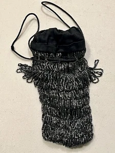 Vintage Black Beaded Flapper Purse Drawstring Evening Bag - Czech - Picture 1 of 9